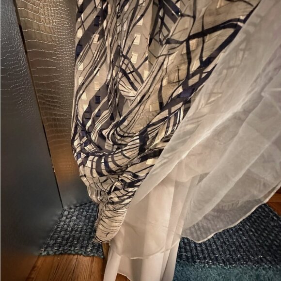 1970s Vintage Mignon Paris Chiffon Dress Women 10 Blue White Abstract Pattern - Picture 8 of 10